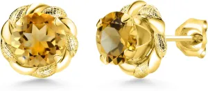 Gem Stone King 18K Yellow Gold Plated Silver Yellow Citrine Flower Stud Earrings For Women Men (1.60 Cttw, Gemstone November Birthstone, Round 6MM)