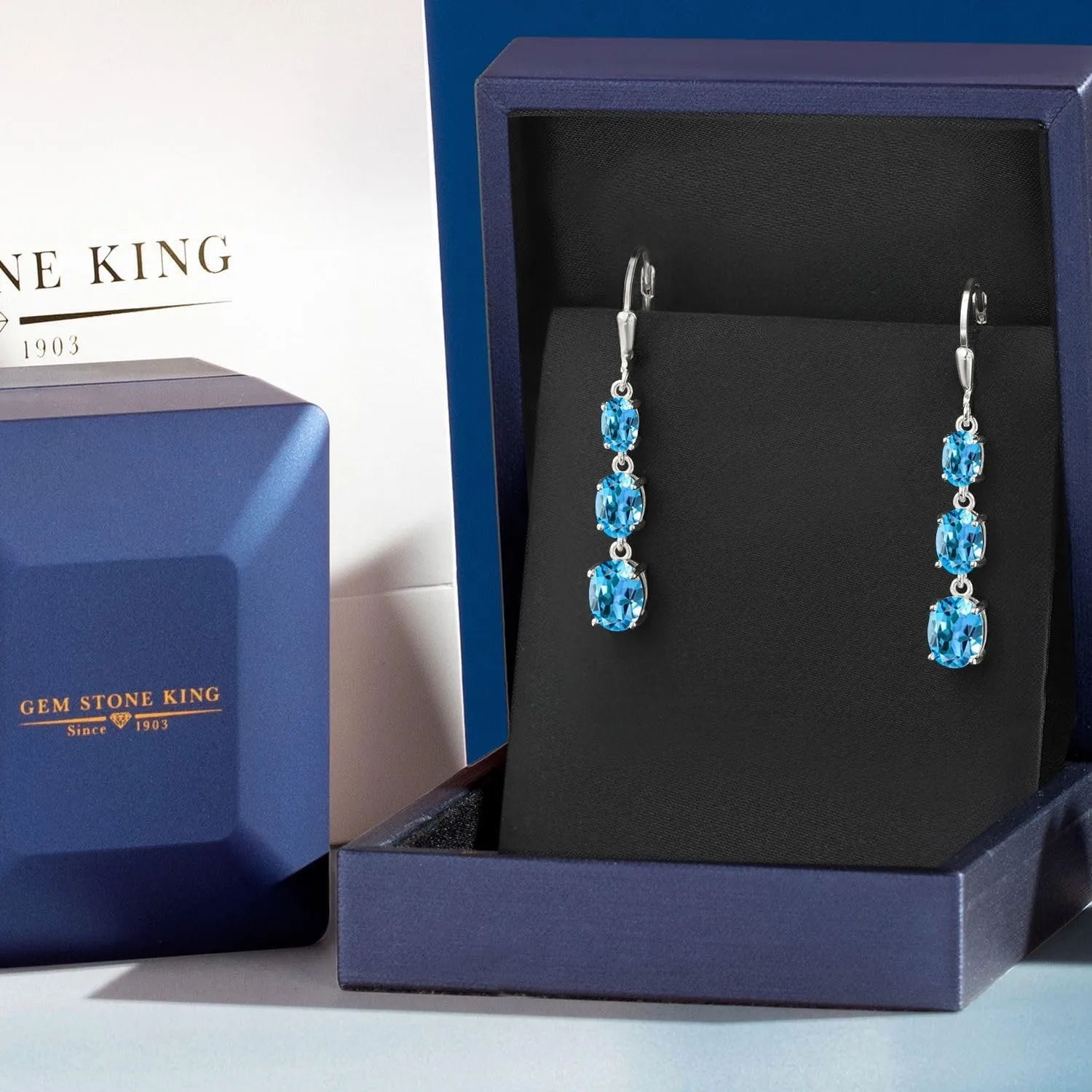 Gem Stone King 3-Stone Leverback Drop Dangle Earrings For Women | 925 Sterling Silver | Gemstone Birthstone | Oval 8X6MM 7X5MM and 6X4MM | Fine Jewelry Gifts for Her Mom Women Wife