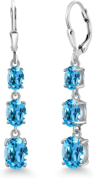 Gem Stone King 3-Stone Leverback Drop Dangle Earrings For Women | 925 Sterling Silver | Gemstone Birthstone | Oval 8X6MM 7X5MM and 6X4MM | Fine Jewelry Gifts for Her Mom Women Wife
