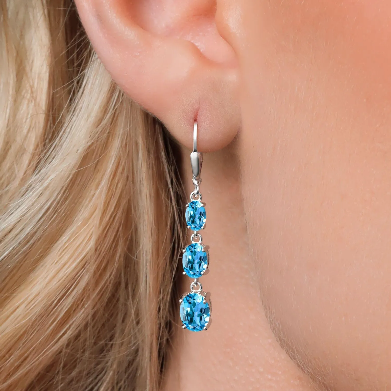 Gem Stone King 3-Stone Leverback Drop Dangle Earrings For Women | 925 Sterling Silver | Gemstone Birthstone | Oval 8X6MM 7X5MM and 6X4MM | Fine Jewelry Gifts for Her Mom Women Wife