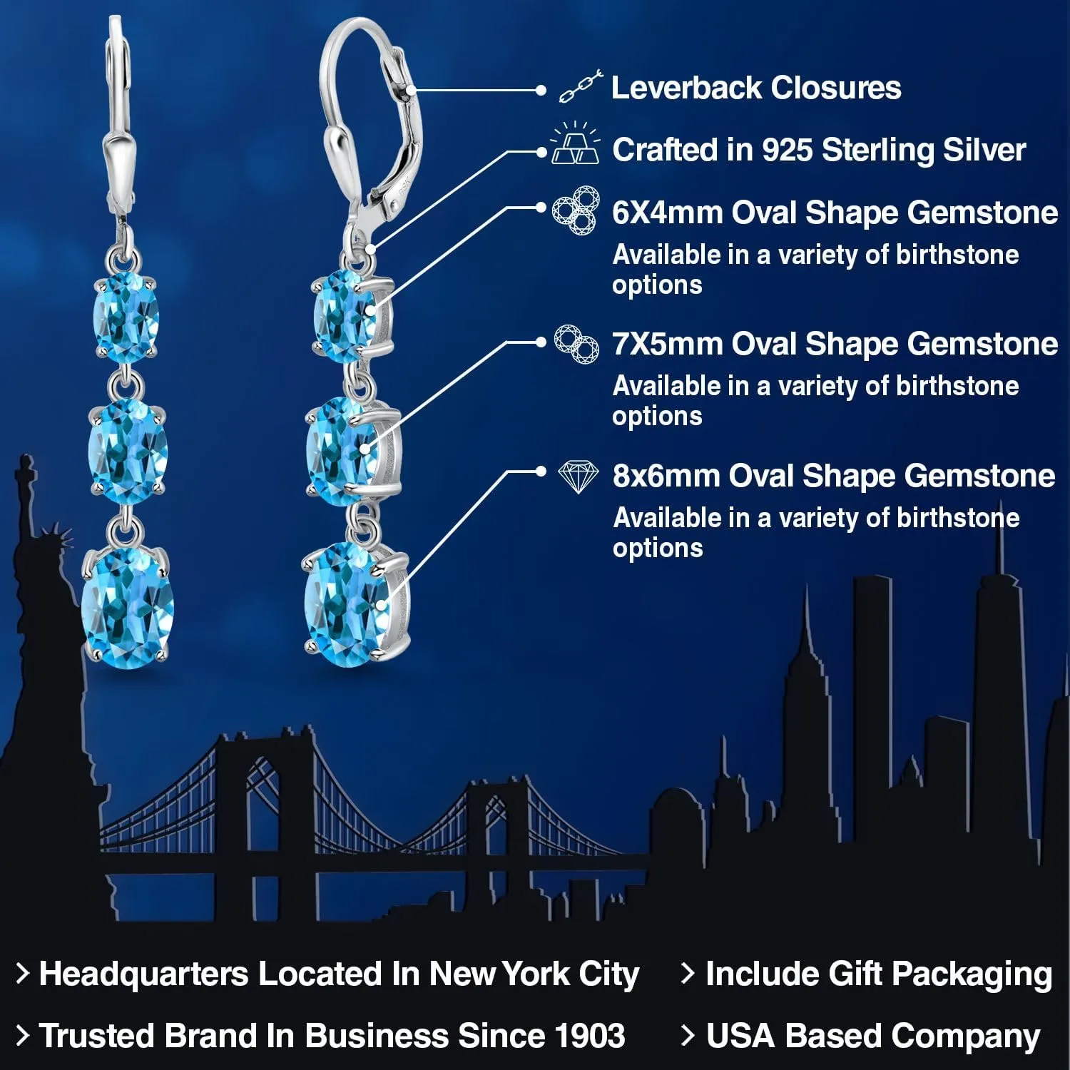Gem Stone King 3-Stone Leverback Drop Dangle Earrings For Women | 925 Sterling Silver | Gemstone Birthstone | Oval 8X6MM 7X5MM and 6X4MM | Fine Jewelry Gifts for Her Mom Women Wife