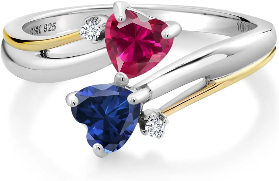 Gem Stone King 925 Silver and 10K Yellow Gold Red Created Ruby Blue Created Sapphire and Lab Grown Diamond 2 Heart Promise Couple Engagement Mother Ring (1.12 Cttw, Available In Size 5, 6, 7, 8, 9)