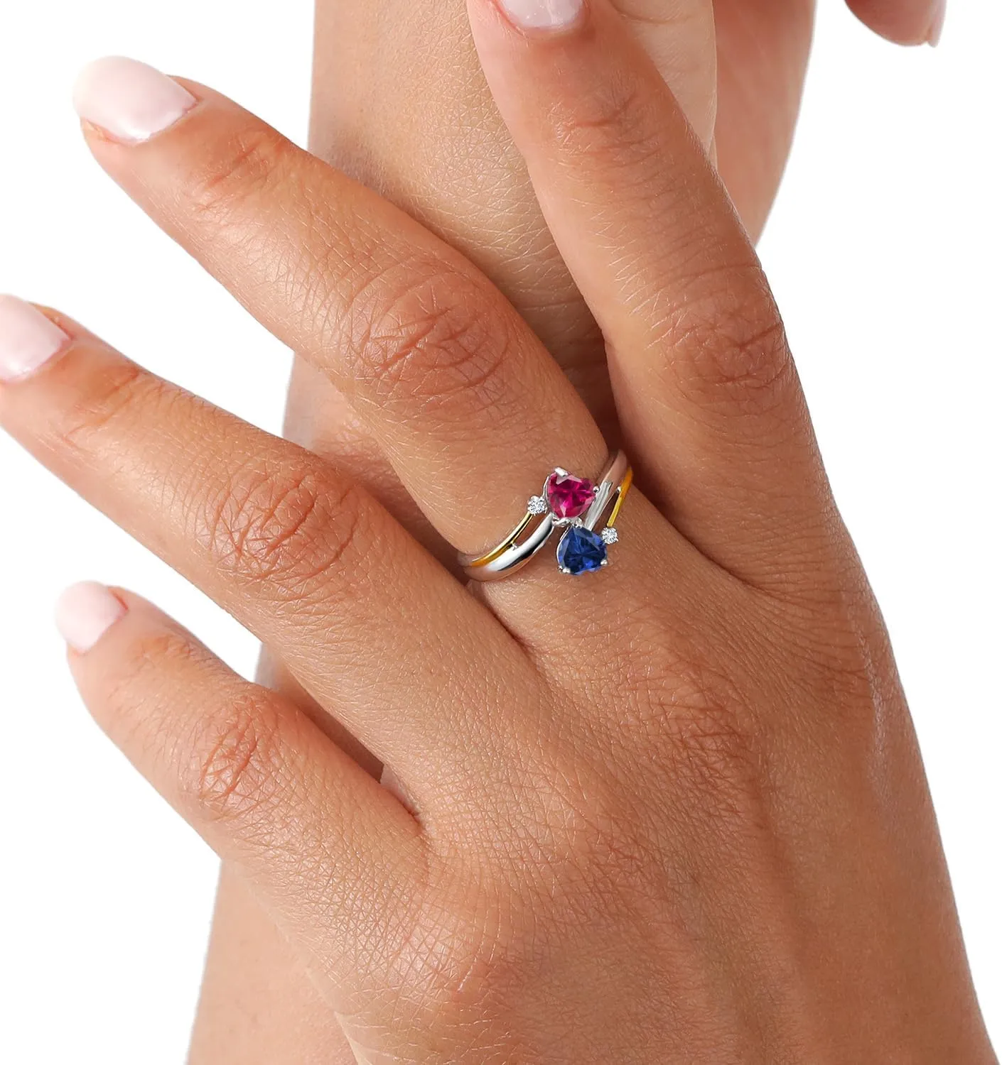 Gem Stone King 925 Silver and 10K Yellow Gold Red Created Ruby Blue Created Sapphire and Lab Grown Diamond 2 Heart Promise Couple Engagement Mother Ring (1.12 Cttw, Available In Size 5, 6, 7, 8, 9)