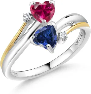 Gem Stone King 925 Silver and 10K Yellow Gold Red Created Ruby Blue Created Sapphire and Lab Grown Diamond 2 Heart Promise Couple Engagement Mother Ring (1.12 Cttw, Available In Size 5, 6, 7, 8, 9)