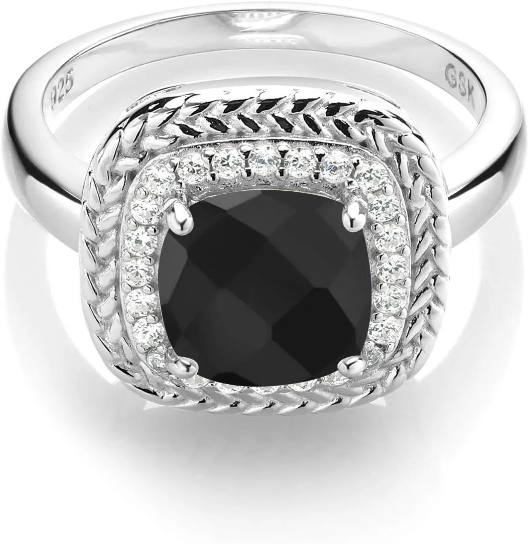 Gem Stone King 925 Sterling Silver 8MM Cushion Gemstone Birthstone Halo Engagement Ring | Wedding Engagement Anniversary Promise Ring For Women | Available In Size 5, 6, 7, 8, 9