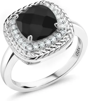 Gem Stone King 925 Sterling Silver 8MM Cushion Gemstone Birthstone Halo Engagement Ring | Wedding Engagement Anniversary Promise Ring For Women | Available In Size 5, 6, 7, 8, 9