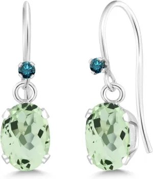 Gem Stone King 925 Sterling Silver Green Prasiolite and Blue Diamond French Wire Dangle Hook Earrings For Women (2.02 Cttw, Gemstone Birthstone, Oval 7X5MM)