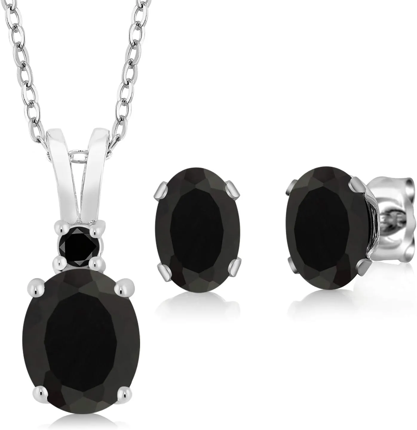 Gem Stone King 925 Sterling Silver Oval Black Onyx and Black Diamond Pendant and Earrings Jewelry Set For Women (2.52 Cttw, Gemstone Birthstone, with 18 Inch Chain)