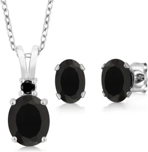 Gem Stone King 925 Sterling Silver Oval Black Onyx and Black Diamond Pendant and Earrings Jewelry Set For Women (2.52 Cttw, Gemstone Birthstone, with 18 Inch Chain)