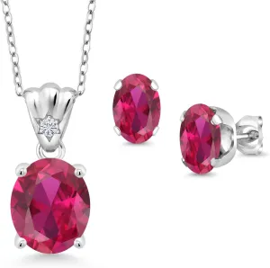 Gem Stone King 925 Sterling Silver Red Created Ruby and White Lab Grown Diamond Pendant and Earrings Jewelry Set For Women (6.74 Cttw, Oval 11X9MM and 8X6MM with 18 Inch Silver Chain)
