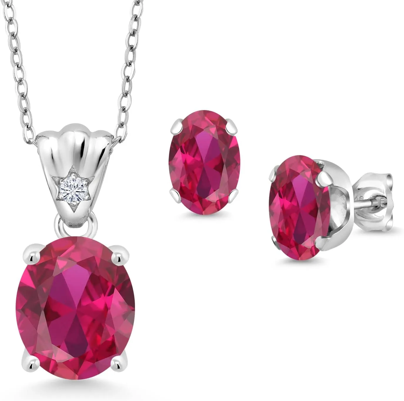 Gem Stone King 925 Sterling Silver Red Created Ruby and White Lab Grown Diamond Pendant and Earrings Jewelry Set For Women (6.74 Cttw, Oval 11X9MM and 8X6MM with 18 Inch Silver Chain)