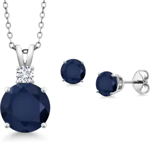 Gem Stone King 925 Sterling Silver Round Blue Sapphire and White Lab Grown Diamond Pendant and Earrings Jewelry Set For Women (6.32 Cttw, Gemstone Birthstone, with 18 Inch Chain)