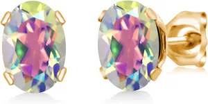 Gem Stone King Mercury Mist Mystic Topaz Yellow Gold Plated Stud Earrings For Women Men (1.90 Cttw, Gemstone, Oval 7X5MM)