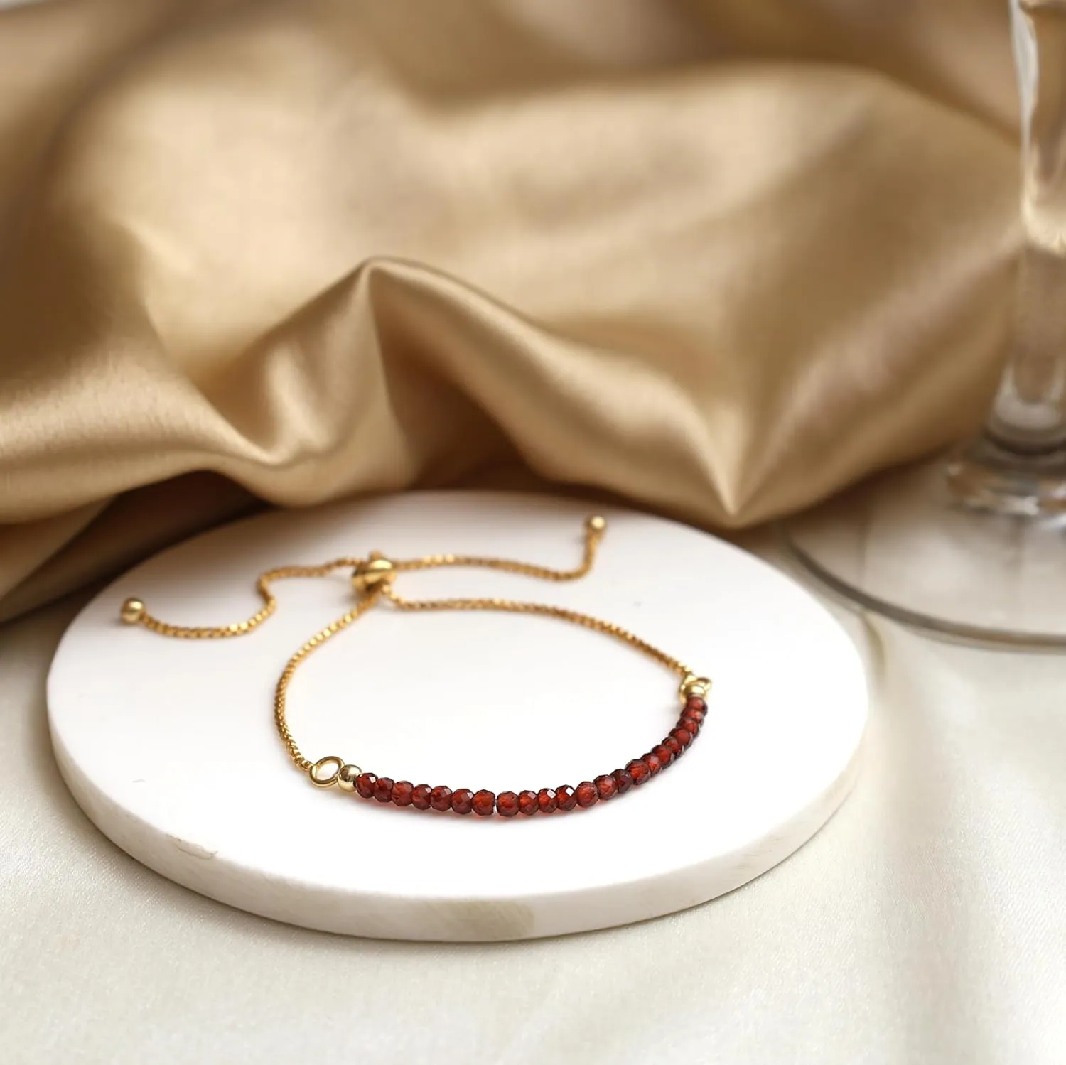 Gempires January Birthstone Jewelry for Women, Birthstone Beaded Bracelets, Red Garnet Gemstone Bracelet, Bolo Bracelet, 14k Gold Plated Chain (6-9 inch Adjustable Length)