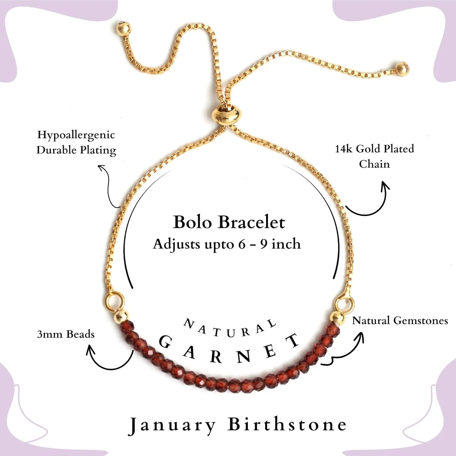 Gempires January Birthstone Jewelry for Women, Birthstone Beaded Bracelets, Red Garnet Gemstone Bracelet, Bolo Bracelet, 14k Gold Plated Chain (6-9 inch Adjustable Length)