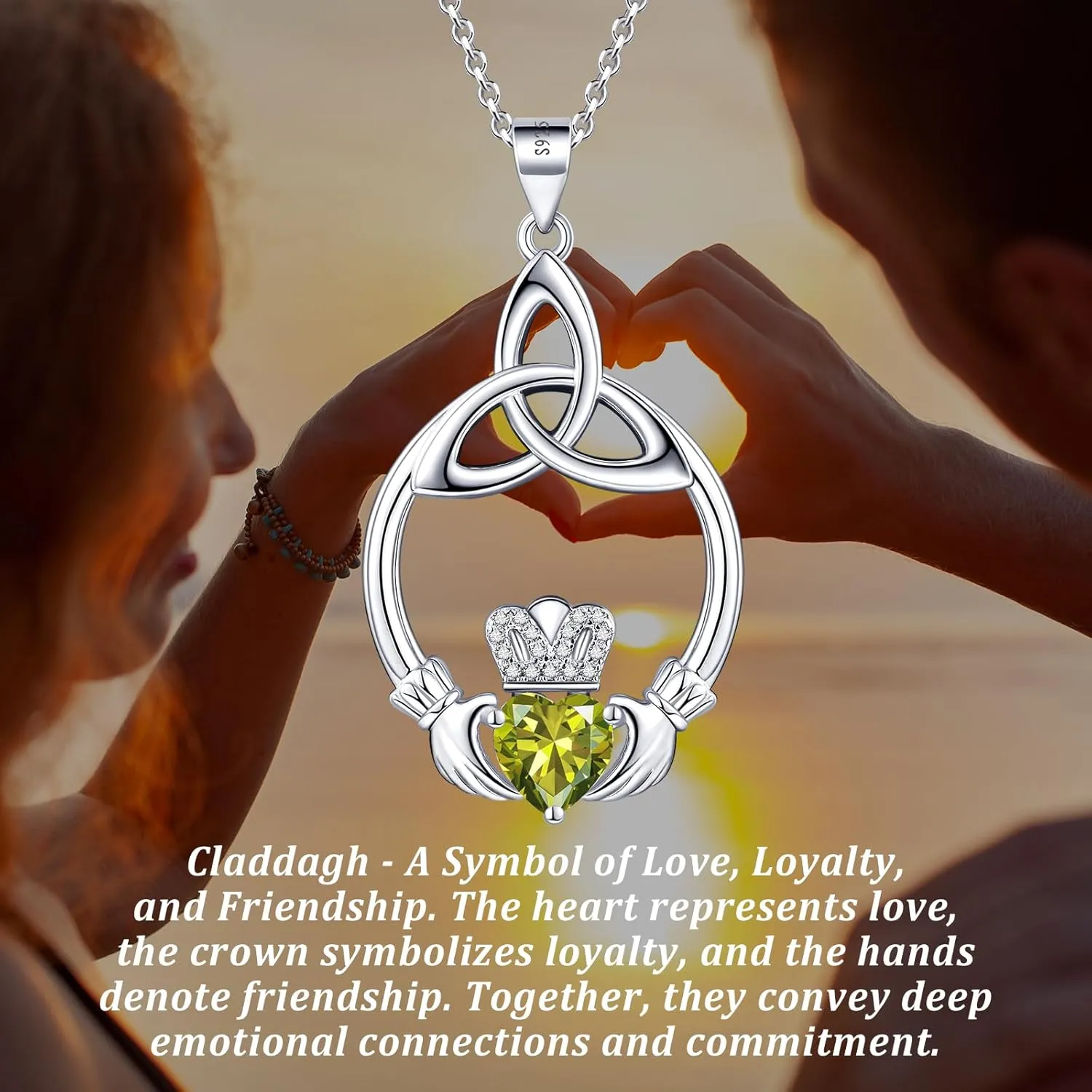 Gift Birthstone Necklaces for Women 925 Sterling Silver Irish Claddagh Necklace for Women Heart Birthstone Pendant Necklace Anniversary Birthday Gifts for Wife Lady Cable Chain 18" 2"