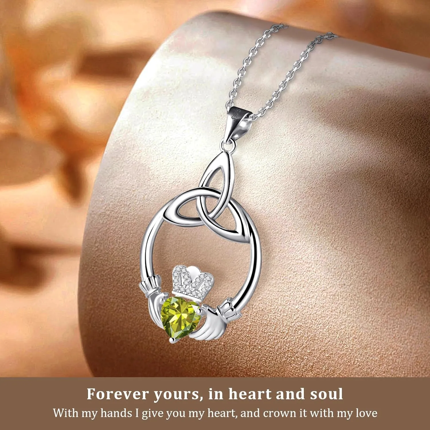 Gift Birthstone Necklaces for Women 925 Sterling Silver Irish Claddagh Necklace for Women Heart Birthstone Pendant Necklace Anniversary Birthday Gifts for Wife Lady Cable Chain 18" 2"