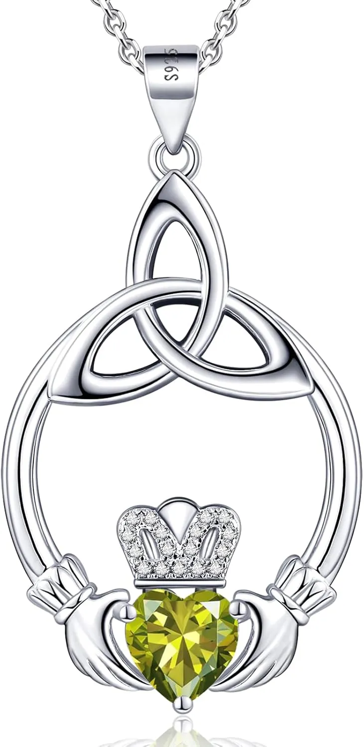 Gift Birthstone Necklaces for Women 925 Sterling Silver Irish Claddagh Necklace for Women Heart Birthstone Pendant Necklace Anniversary Birthday Gifts for Wife Lady Cable Chain 18" 2"