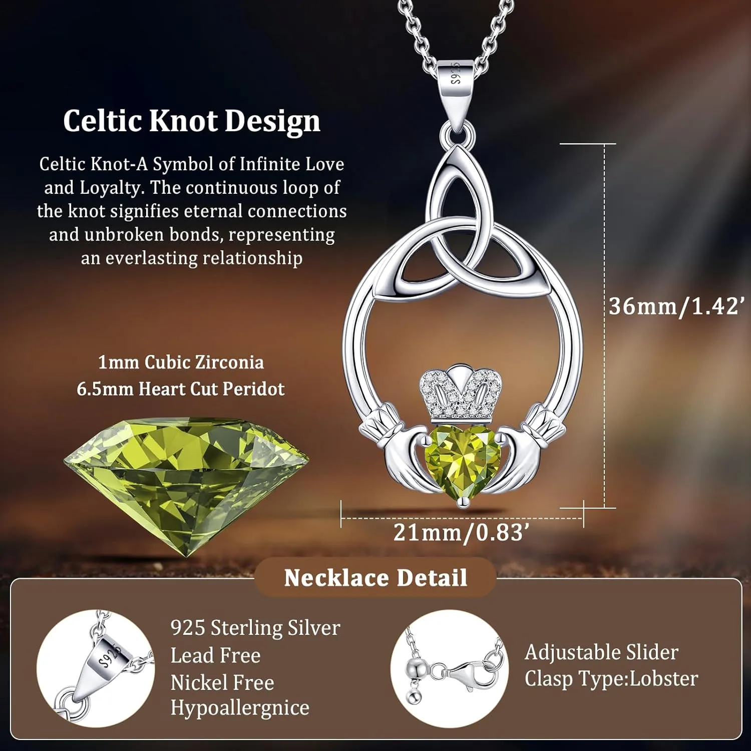 Gift Birthstone Necklaces for Women 925 Sterling Silver Irish Claddagh Necklace for Women Heart Birthstone Pendant Necklace Anniversary Birthday Gifts for Wife Lady Cable Chain 18" 2"