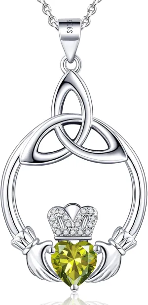 Gift Birthstone Necklaces for Women 925 Sterling Silver Irish Claddagh Necklace for Women Heart Birthstone Pendant Necklace Anniversary Birthday Gifts for Wife Lady Cable Chain 18" 2"