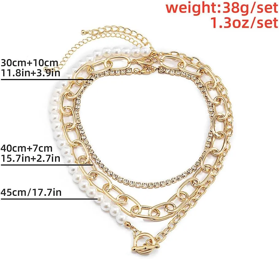 GIGB PBDK Chunky Layered Pearl Necklace Set for Women,Multilevel Stackable Paperclip Chain Toggle Buckle Choker,Vintage Pearl OT Necklace Punk Wedding Jewelry