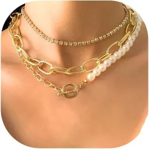 GIGB PBDK Chunky Layered Pearl Necklace Set for Women,Multilevel Stackable Paperclip Chain Toggle Buckle Choker,Vintage Pearl OT Necklace Punk Wedding Jewelry