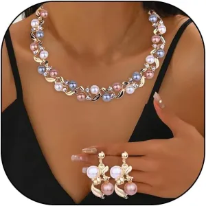 GIGB PBDK Crystal Pearl Earrings Necklace Set for Women,Boho Vintage Layered Rhinestone Beaded Collarbone Choker,Gold Pearl Dangle Earrings Wedding Jewelry Gift