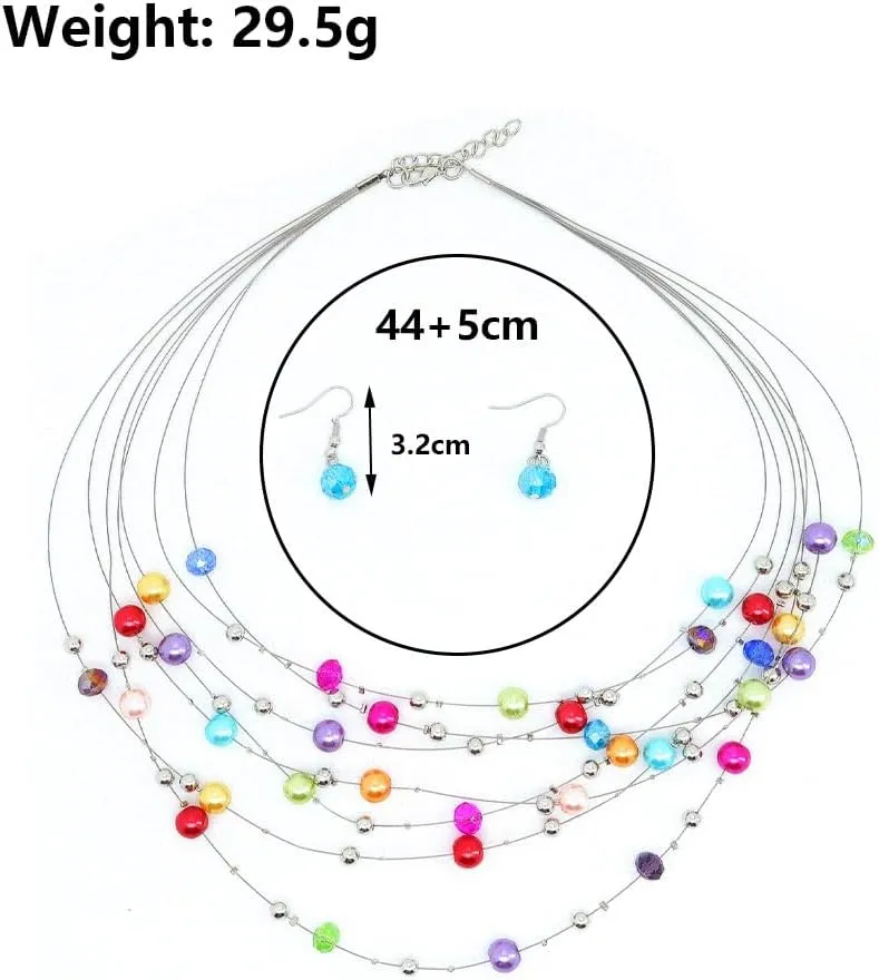 GIGB PBDK Layered Colorful Pearls Necklace Earring Set Boho Multi-Strand Beaded Necklace Earring Dainty Ethnic Style Jewelry Accessory Gift for Women