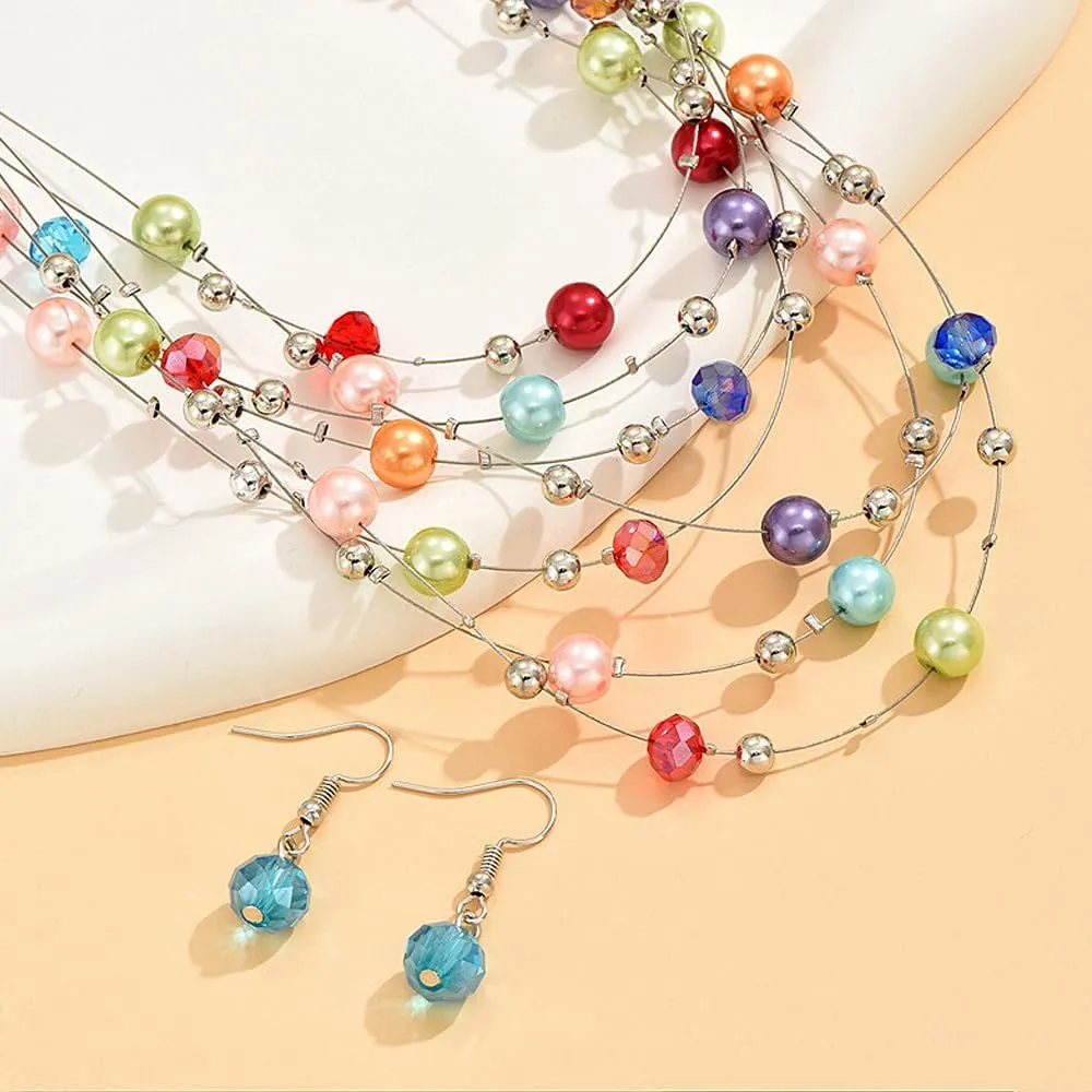 GIGB PBDK Layered Colorful Pearls Necklace Earring Set Boho Multi-Strand Beaded Necklace Earring Dainty Ethnic Style Jewelry Accessory Gift for Women