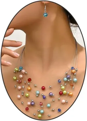 GIGB PBDK Layered Colorful Pearls Necklace Earring Set Boho Multi-Strand Beaded Necklace Earring Dainty Ethnic Style Jewelry Accessory Gift for Women