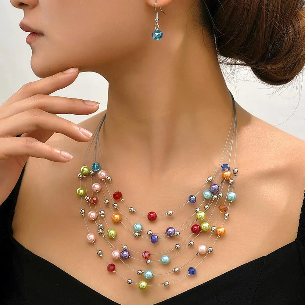 GIGB PBDK Layered Colorful Pearls Necklace Earring Set Boho Multi-Strand Beaded Necklace Earring Dainty Ethnic Style Jewelry Accessory Gift for Women