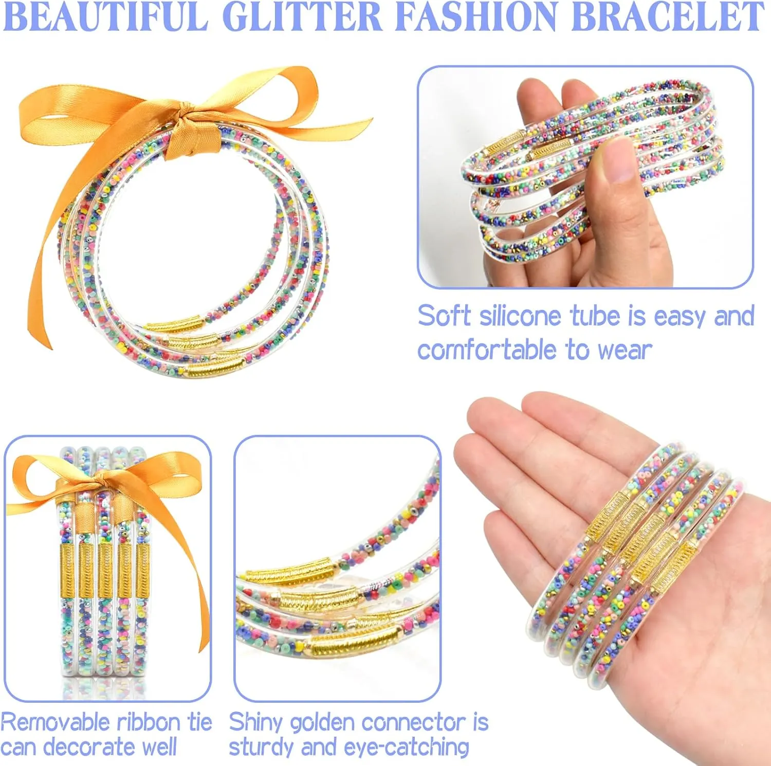 Glitter Jelly Bracelets, Soft Silicone Glitter Filled Jelly Bangles Bracelets Women- Sparkling Fashion Bangles for Women