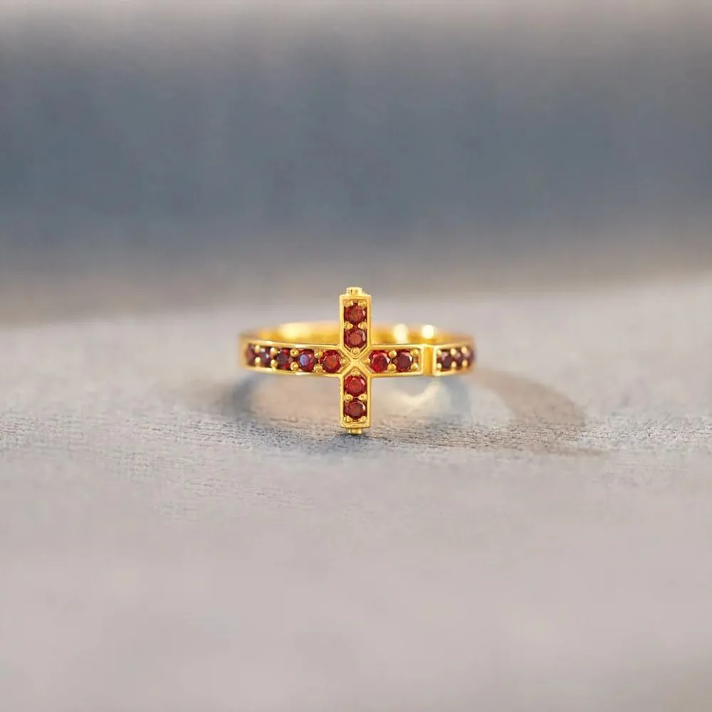 God's In Control Red Cross Ring, 925 Sterling Silver Religious Faith Keep going Cubic Zirconia Ring, Keep Faith Inspirational Ring, Cross Jewelry for Women