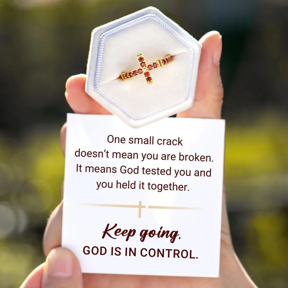 God's In Control Red Cross Ring, 925 Sterling Silver Religious Faith Keep going Cubic Zirconia Ring, Keep Faith Inspirational Ring, Cross Jewelry for Women
