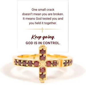 God's In Control Red Cross Ring, 925 Sterling Silver Religious Faith Keep going Cubic Zirconia Ring, Keep Faith Inspirational Ring, Cross Jewelry for Women