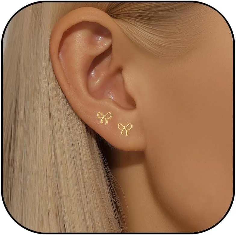 Gold Bow Earrings for Women Trendy 14K Gold/Silver Plated Tiny Bow Earrings Dainty Minimalist Small Bow Ribbon Stud Earrings Cute Holiday Earrings Christmas Gifts