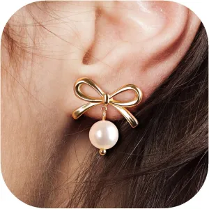 Gold Bow Earrings for Women Trendy 18K Gold Plated Ribbon Bow Knot Stud Earrings Statement Earrings for Teen Girls Gold Jewelry for Women Gifts for Her Sister Girlfriend