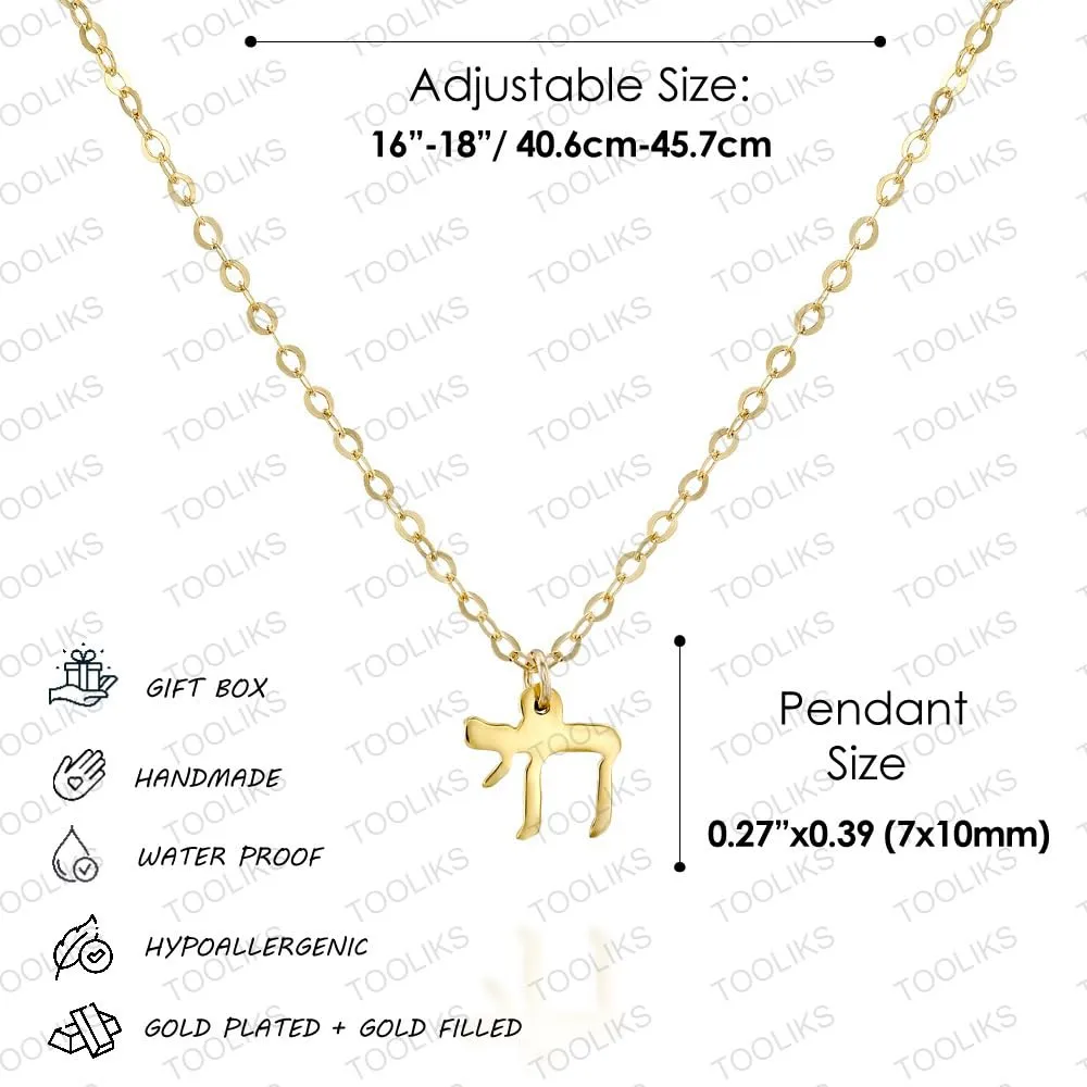 Gold Chai Necklace - Designer Handmade Jewish Jewelry Protection Charm - 16 inch   2 inch extending chain (gold)