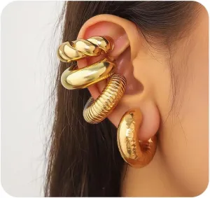 Gold Chunky Ear Cuffs Earrings Set for Women Punk Thick Non Piercing Cartilage Clip On Earrings Minimalist Wrap Hoop Ear Wedding Charm Jewelry