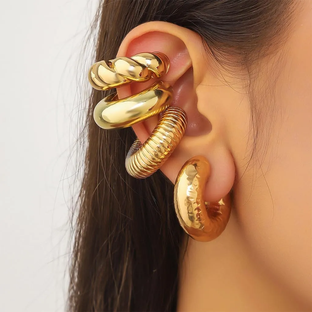 Gold Chunky Ear Cuffs Earrings Set for Women Punk Thick Non Piercing Cartilage Clip On Earrings Minimalist Wrap Hoop Ear Wedding Charm Jewelry