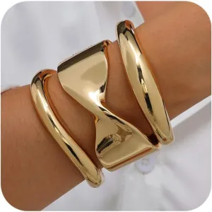 Gold Cuff Bangle Bracelets Set For Women Chunky Trendy Silver Bracelet Irregular Minimalist Open Wide Bangles Hinged Arm Cuff Jewelry Gift 2PC