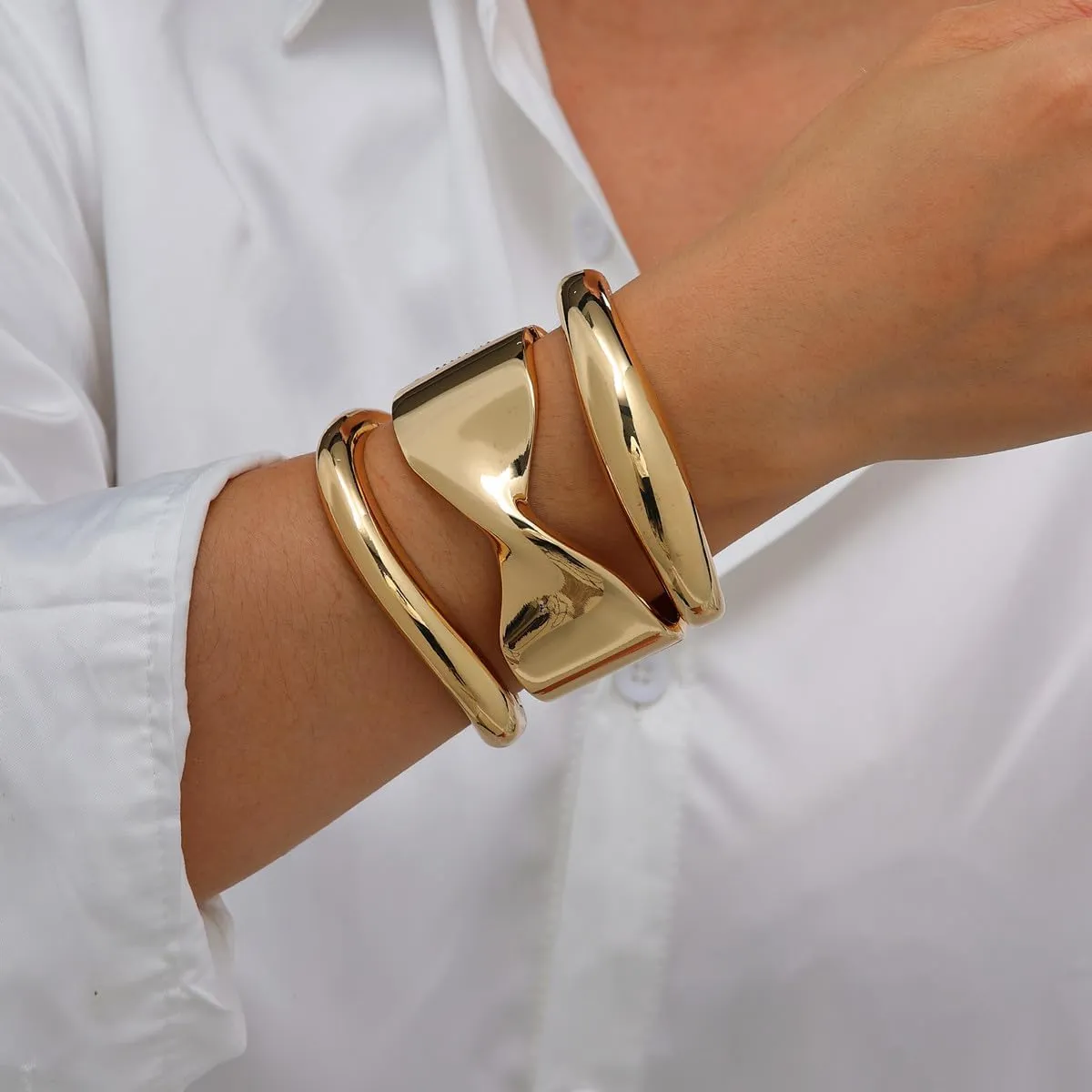 Gold Cuff Bangle Bracelets Set For Women Chunky Trendy Silver Bracelet Irregular Minimalist Open Wide Bangles Hinged Arm Cuff Jewelry Gift 2PC