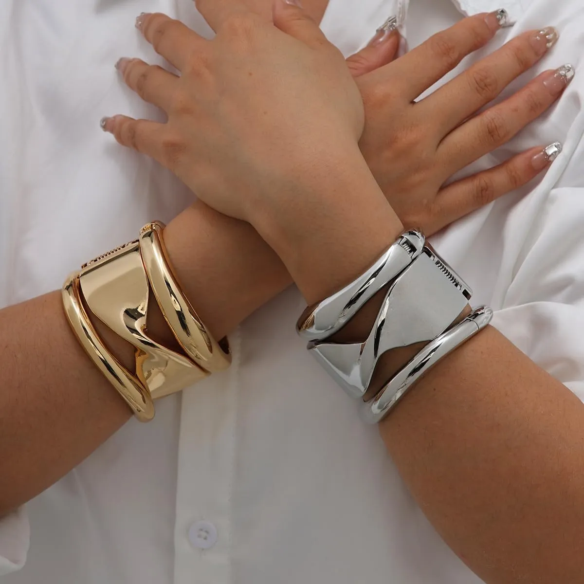 Gold Cuff Bangle Bracelets Set For Women Chunky Trendy Silver Bracelet Irregular Minimalist Open Wide Bangles Hinged Arm Cuff Jewelry Gift 2PC