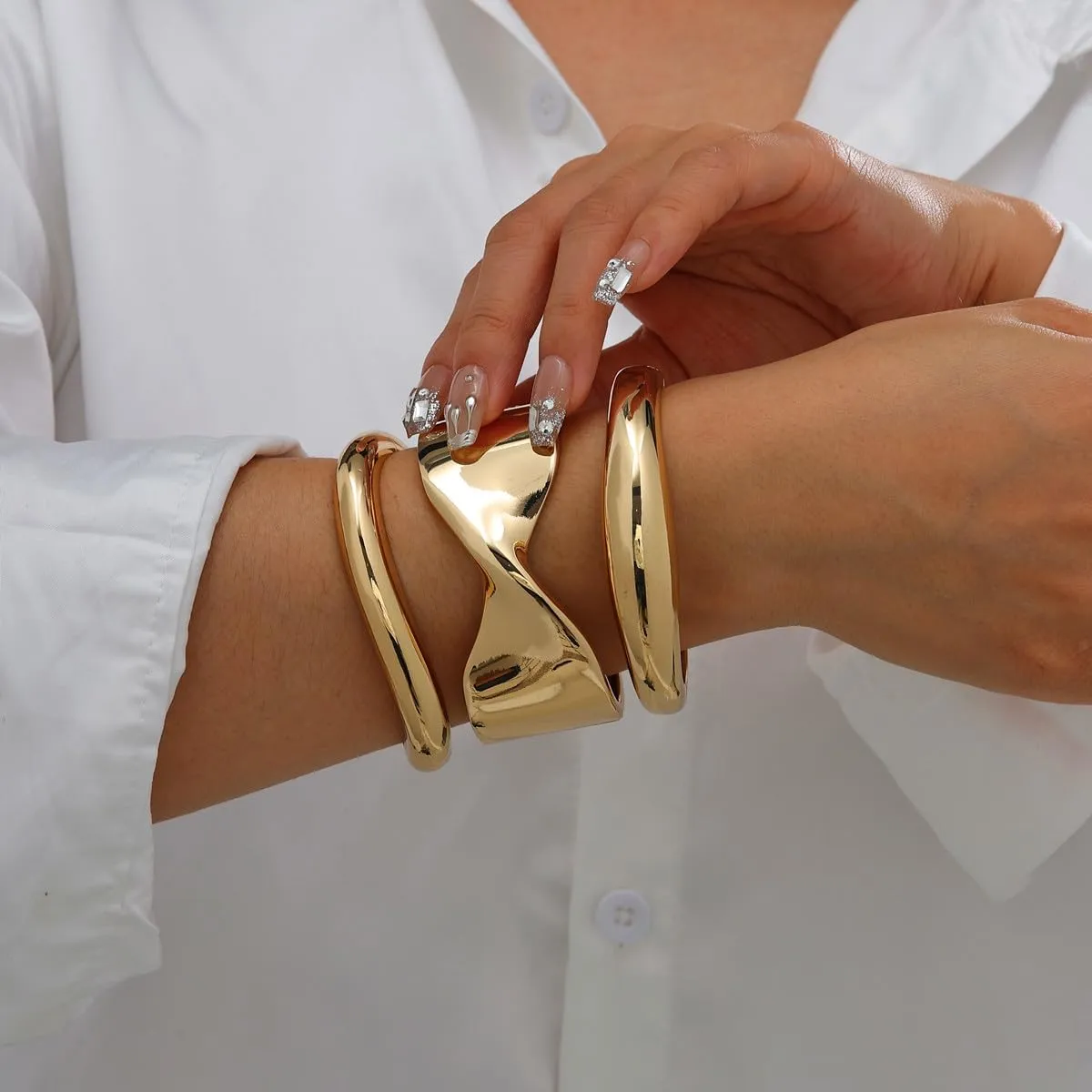 Gold Cuff Bangle Bracelets Set For Women Chunky Trendy Silver Bracelet Irregular Minimalist Open Wide Bangles Hinged Arm Cuff Jewelry Gift 2PC