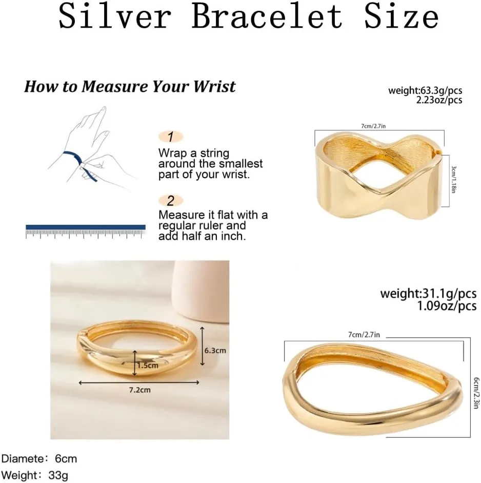 Gold Cuff Bangle Bracelets Set For Women Chunky Trendy Silver Bracelet Irregular Minimalist Open Wide Bangles Hinged Arm Cuff Jewelry Gift 2PC