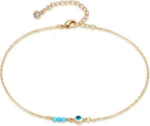 Gold Dainty Turquoise Anklet for Women,14K Gold Plated Cute Tiny Beaded Evil Eye Boho Beach Foot Chain Ankle Bracelet for Women on Summer