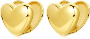 Gold Heart Huggie Earrings for Women 18K Gold Thick Double Heart Shaped Earrings Small 3D Front to Back Heart Hoops