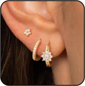 Gold Hoop Earrings Set for Women, 3 Pairs Dainty 14k Gold Plated Dangle Stud Cubic Zirconia Earrings Trendy Hypoallergenic Earrings Stack Non Tarnish Gold Jewelry for Women Christmas Gifts