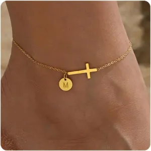 Gold Initial Ankle Bracelets for Women Dainty Waterproof Gold Cross Chain Anklet Personalized A-Z Coin Disc Letter Ankle Bracelet Summer Beach Jewelry