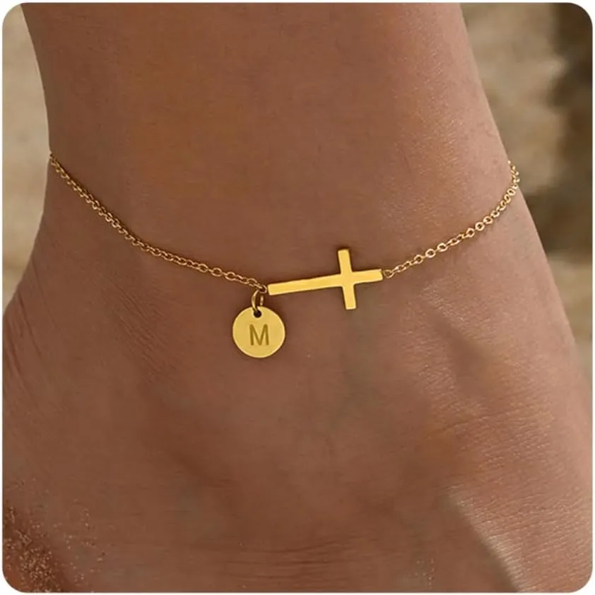 Gold Initial Ankle Bracelets for Women Dainty Waterproof Gold Cross Chain Anklet Personalized A-Z Coin Disc Letter Ankle Bracelet Summer Beach Jewelry
